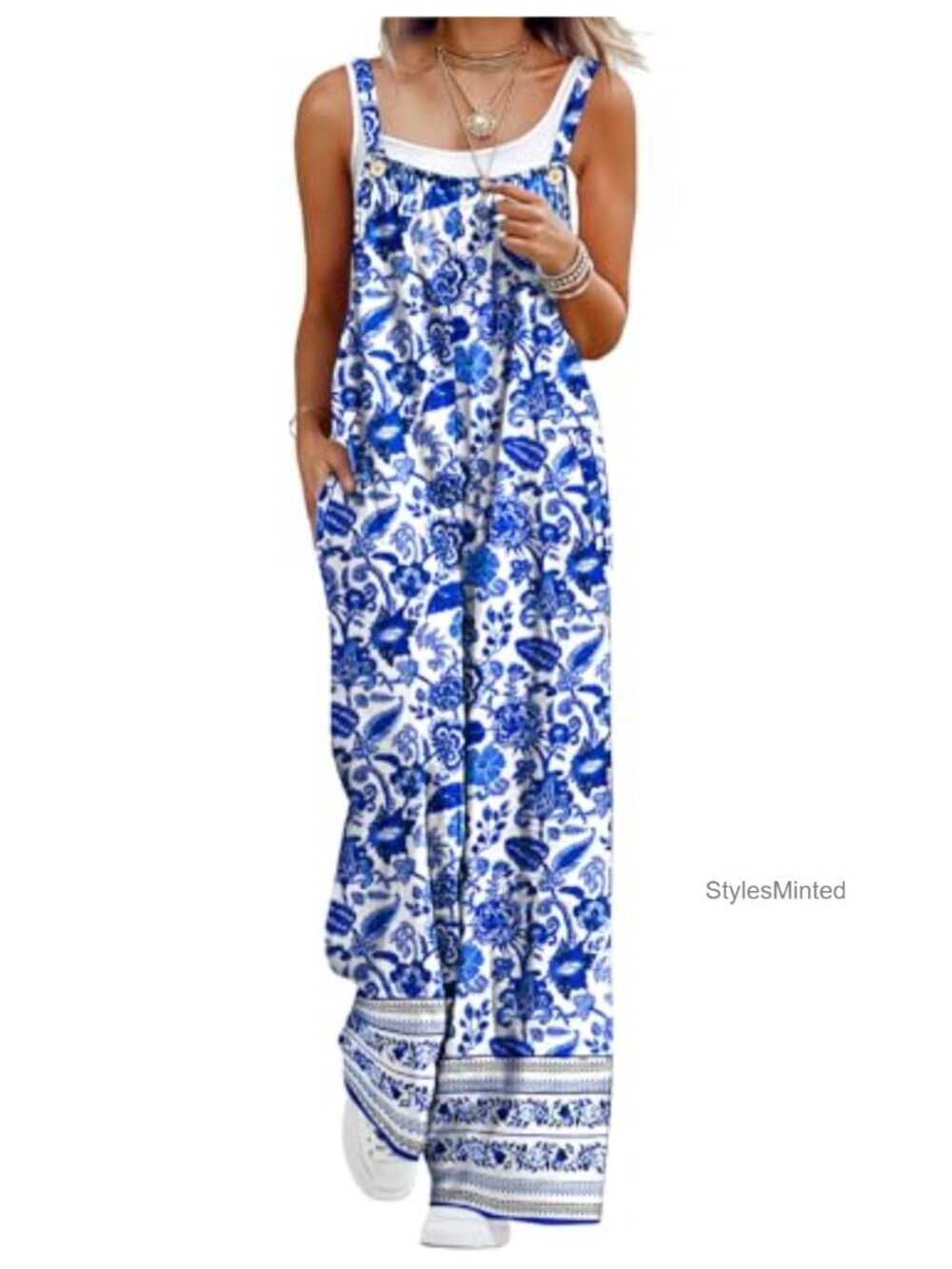 Wide Leg Bib Overalls Jumpsuit Rayon Cotton Blend Sleeveless Romper